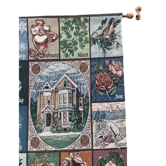 Vintage Woven Tapestry of Seasons Months of the Year & Holidays with Hanging woo - Picture 4 of 10